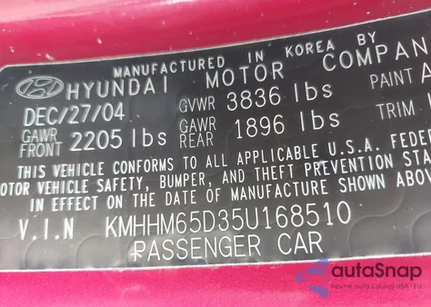 2005 Hyundai Tiburon Gs из США, поврежденный, VIN KMHHM65D35U168510